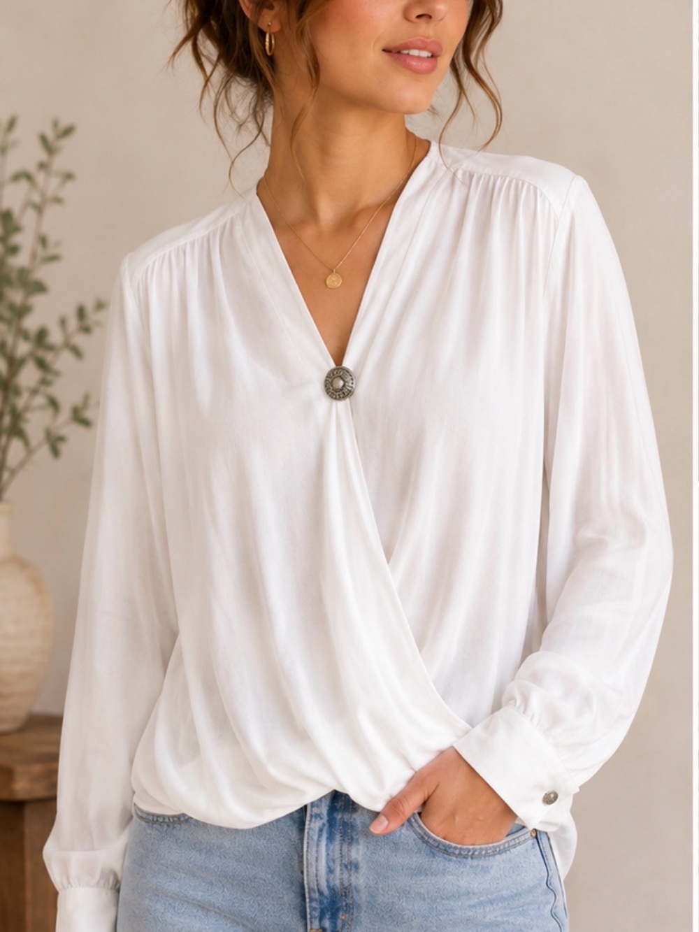 Blank NYC Cream Wrap Blouse with Ruched Sleeves‎
